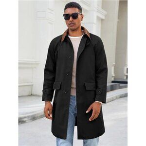 Mens Trench Coat Single Breasted Corduroy Lapel Long Jacket